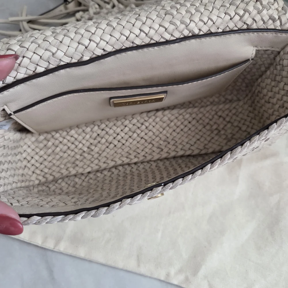 Tory Burch Ivory Woven Fringe Crossbody with Gold Hardware